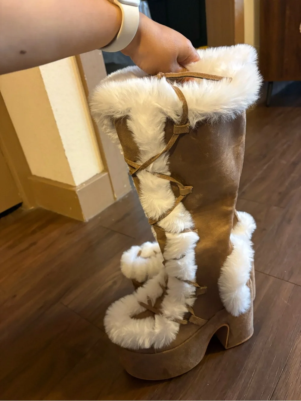 Tall Faux-Fur Trim Platform Boots in Tan